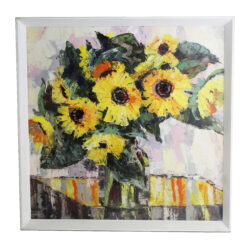 Béla Szilágyi schilderij zonnebloemen olieverf paletmes op board Roemenië 1970s 1