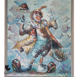 Brenda Polsky Morgan Childs schilderij Clown met paraplu olieverf 1970s 2