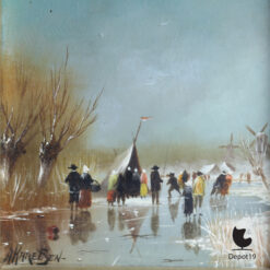 Dolf Karelsen schilderij winterlandschap schaatsers en molen olieverf op paneel 3