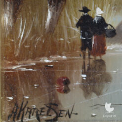 Dolf Karelsen schilderij winterlandschap schaatsers en molen olieverf op paneel signature