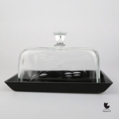 Leerdam (toegeschreven) glazen kaasstolp zwarte basis ca 1900 zij