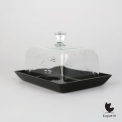 Leerdam (toegeschreven) glazen kaasstolp zwarte basis ca 1900 hoek