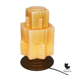 Britse Art Deco skyscraperkap tafellamp amberkleurig persglas ca 1930 3