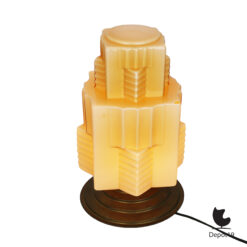 Britse Art Deco skyscraperkap tafellamp amberkleurig persglas ca 1930 5