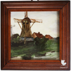 Handbeschilderde Hollandse molen tegel in houten lijst ca1950 Nederlands ambacht 3