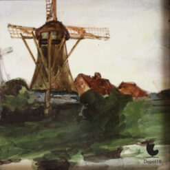Handbeschilderde Hollandse molen tegel in houten lijst ca1950 Nederlands ambacht 1