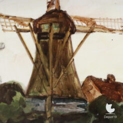 Handbeschilderde Hollandse molen tegel in houten lijst ca1950 Nederlands ambacht 2